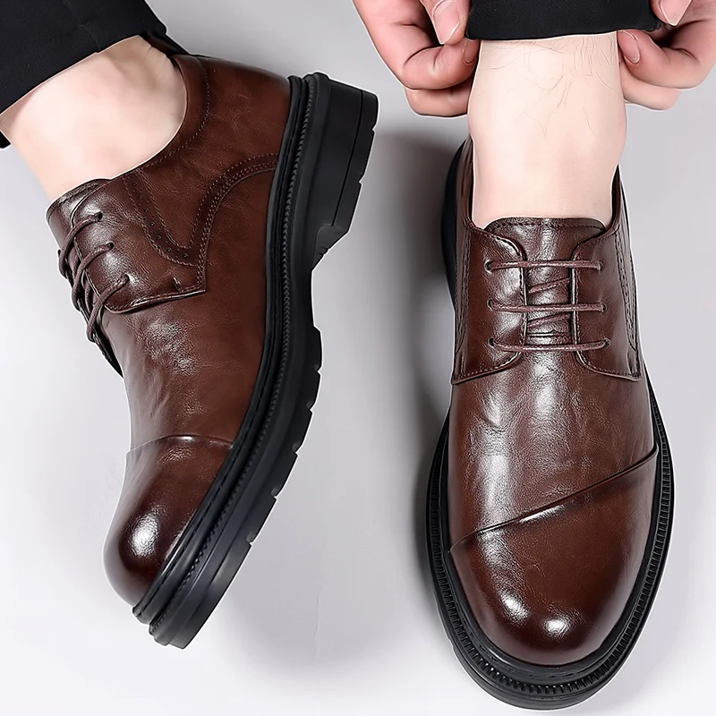 Nieuwe Mannen Business Social Office Formeel Lederen Oxford Schoenen Comfort Ademende Dikke Bodem Waterdichte Slip-On Ronde Neus Schoenen