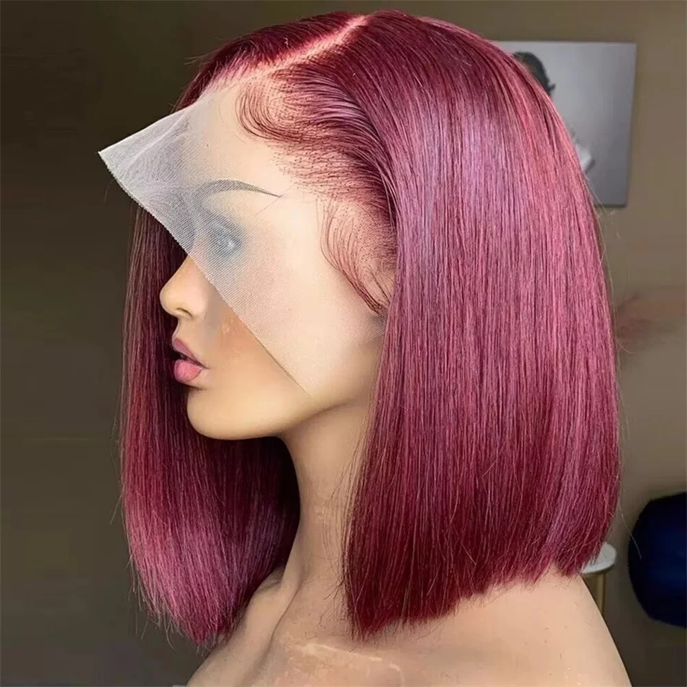 

99j Burgundy Bob Wig Human Hair Straight 13x4 Hd Lace Front Wig 200% Density Pre Plucked Short Burgundy Human Hair Wig Red Wigs