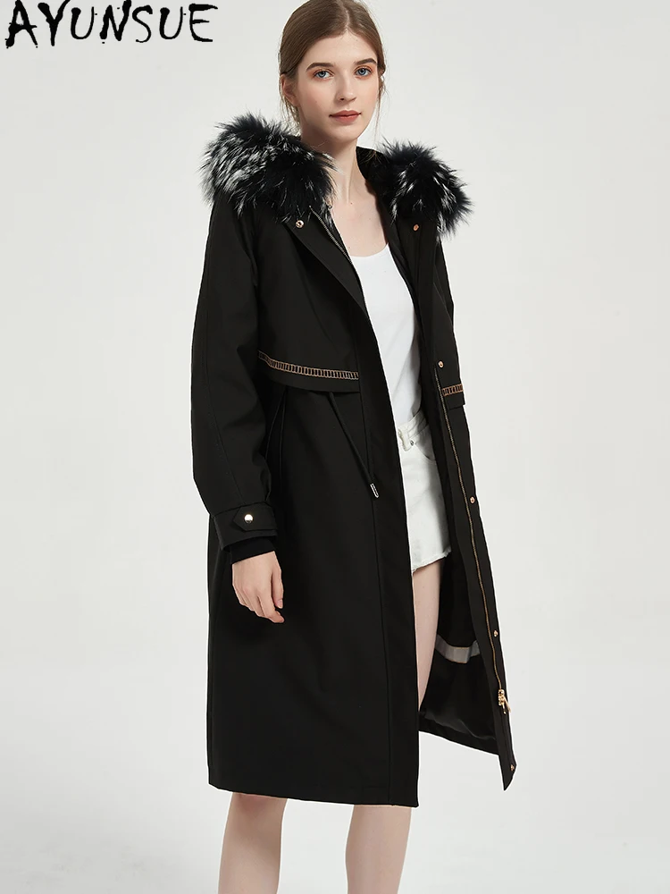AYUNSUE-abrigo de piel de conejo Rex, Parka de piel auténtica 2025, ropa de invierno para mujer, abrigos cálidos con Cuello de piel de zorro de longitud media para mujer, abrigos femeninos de longitud media