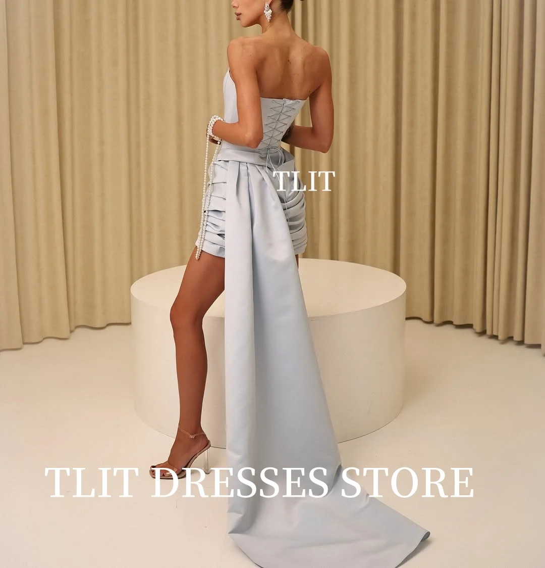 TLIT Elegante Luz Azul Plissado Sereia Vestidos de Noite Curtos Personalizados فسات arymavera★ Botões de Cetim de Seda Querida Vestido