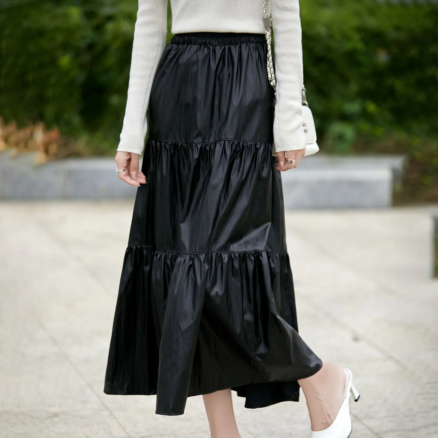 

Fall/Winter 2025 Women's Elastic Waist Long Swing A-fold Leather Skirt Umbrella Skirt