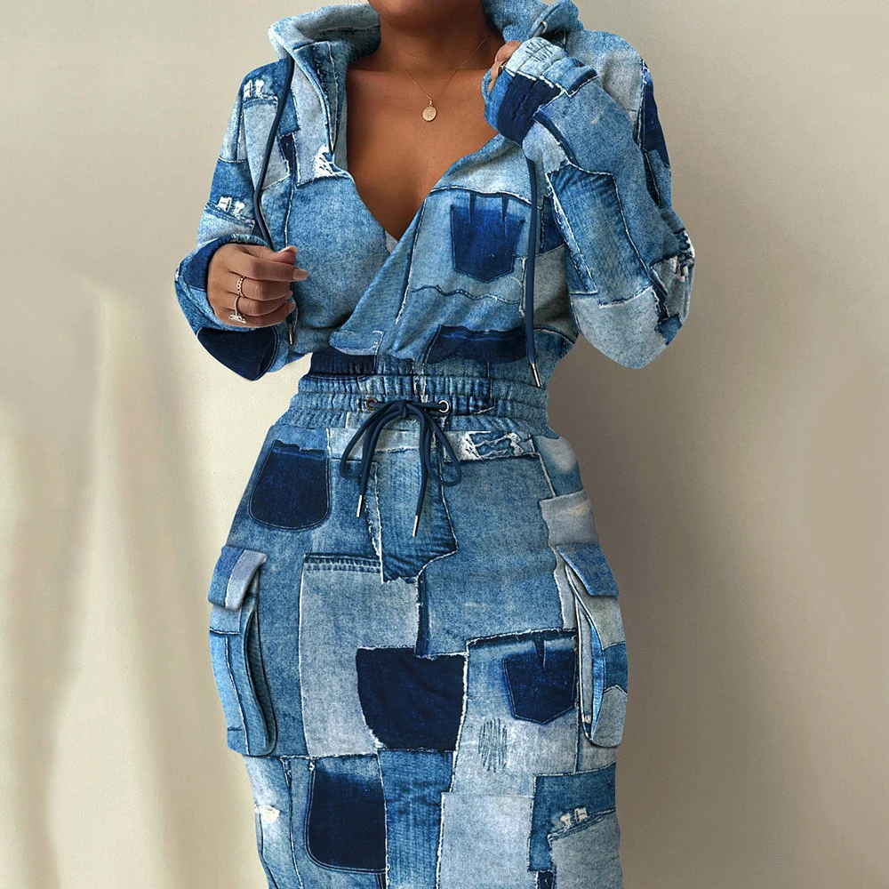 Women\'s Dress Plaid Drawstring Retract Waist Hooded Dresses 2024 Autumn Winter Warm Newspaper Print Sweatshirt Dresses For Women