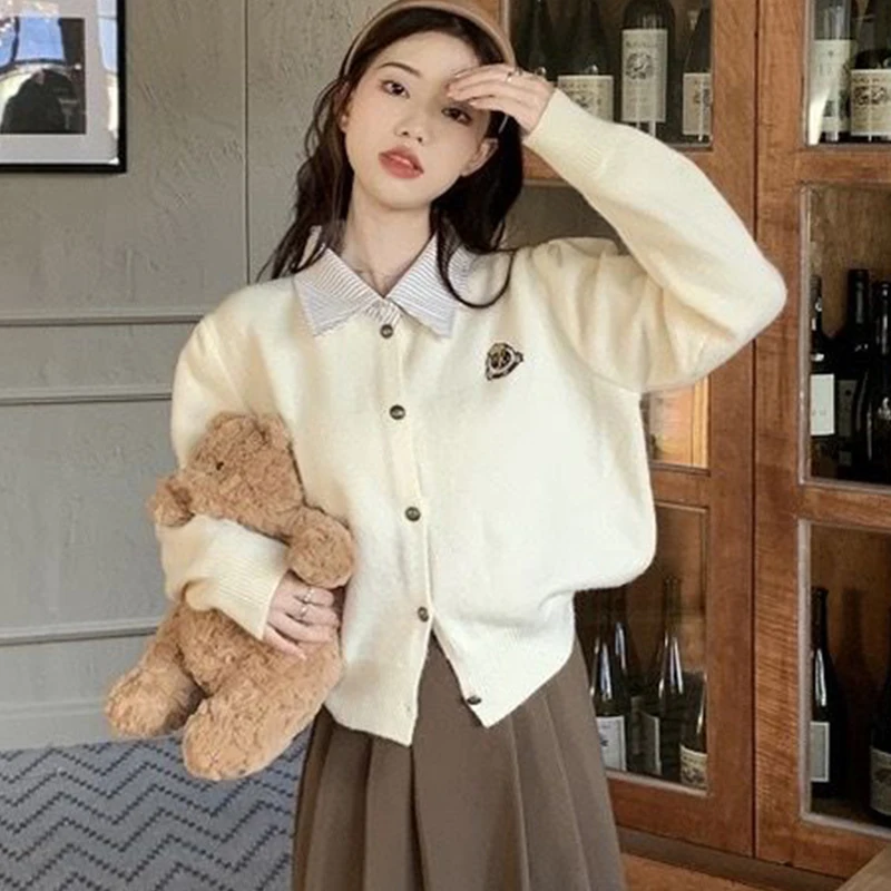 Fake Two Piece Knitted Cardigan Coat 2023 Apricot Turn-down Collar Patchwork Short Coat Loose Fashion Preppy Style Sweater Coat