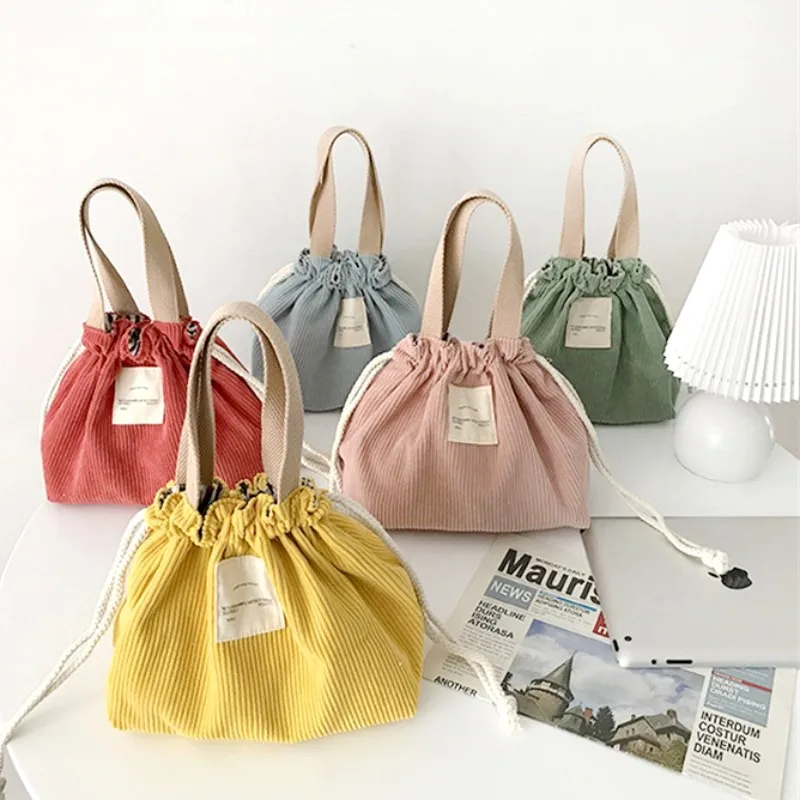 Lunch Bag Corduroy Canvas Lunch Box Drawstring Picnic Tote Eco Cotton Cloth Small Handbag Dinner Container Food Storage Bags