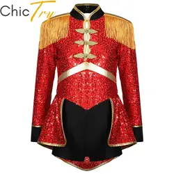 Kids Girls Circus Ringmaster Costume Magician Drummer Showman Halloween Cosplay Leotard Fringe Epaulet Sequins Bodysuit Dress Up