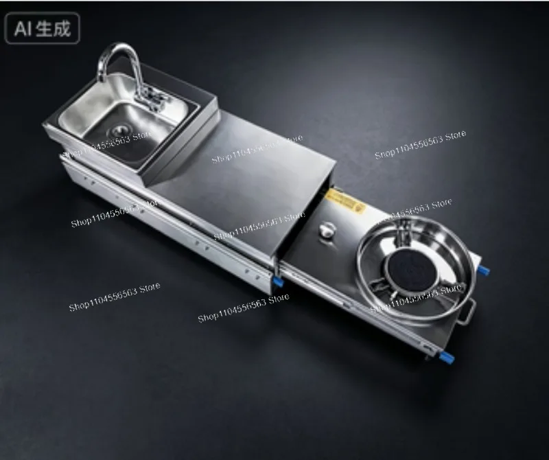 RV Pull Out Sink & Stove 304 Stainless Steel Electric Pulse Ignition Outdoor Camping Gas Cooktop for Motorhome
