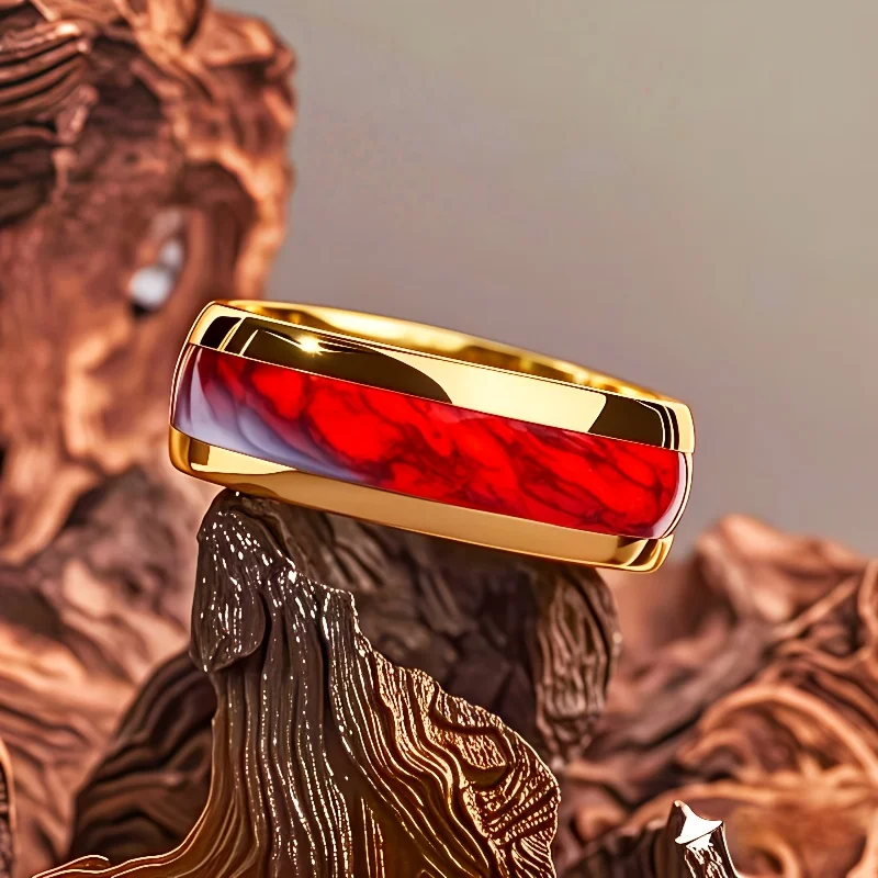 Paired Synthetic Red Opal Modern Wedding Ring Men's 8mm Stainless Steel golden Ring Fashion Accessory Romantic Gift - Image 5