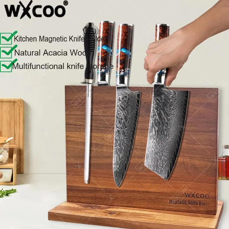 Multifunctional Magnetic Knife Holder Kitchen Knife Block Acacia Wooden Storage with Enhanced Strong Home Magnetic Stands