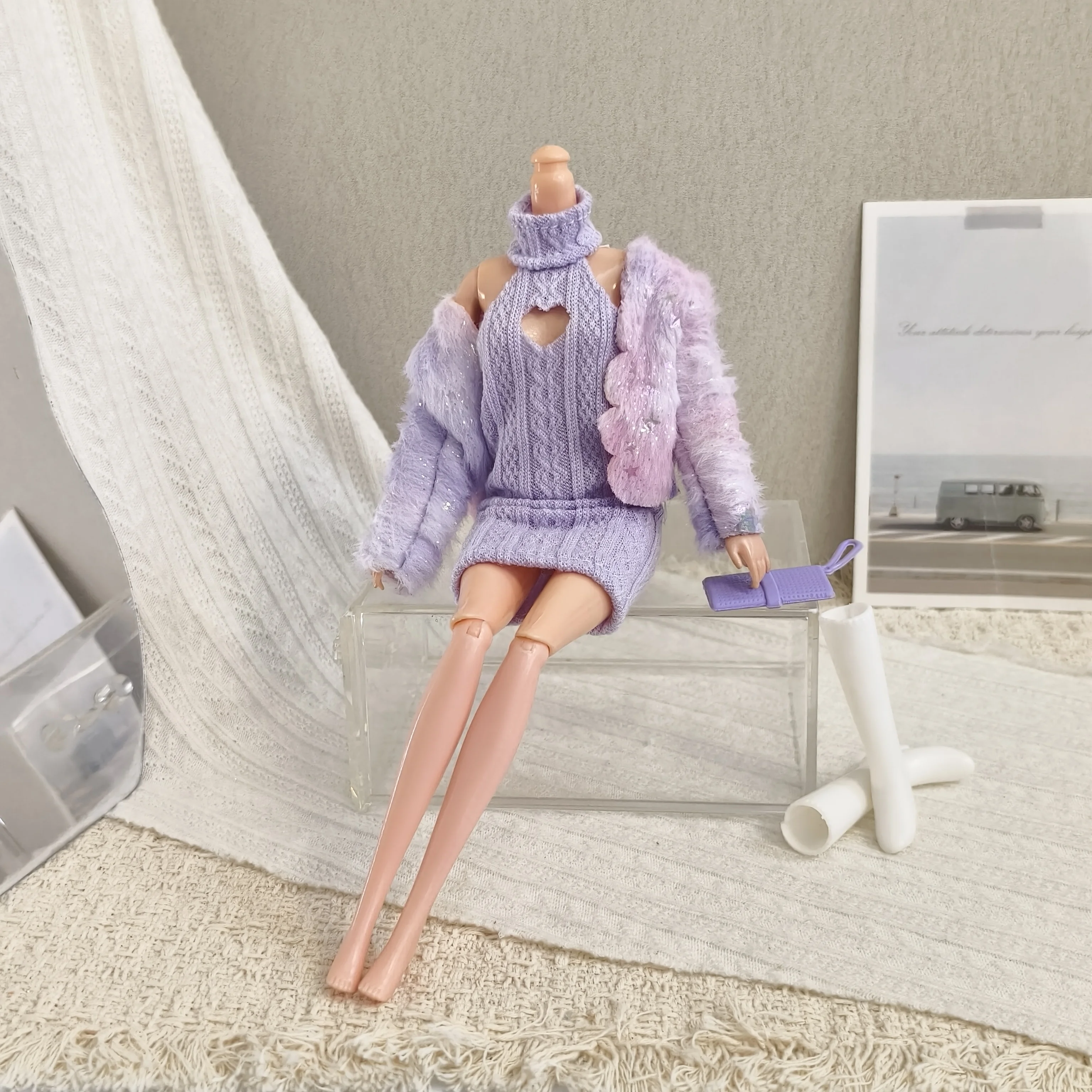 Luxe Star Sequin Faux Fur Jacket+Knitted Openwork Heart Slim-Fit Skirt Set For 1/6 FR Babi Xianxian Supermodel Doll Clothes Part