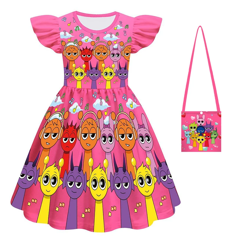 New Movie Sprunki Dress Children\'s Summer Vacation Outfit Girls\' Game Lncredible Box Casual Dress And Bag  Girls\' Clothes