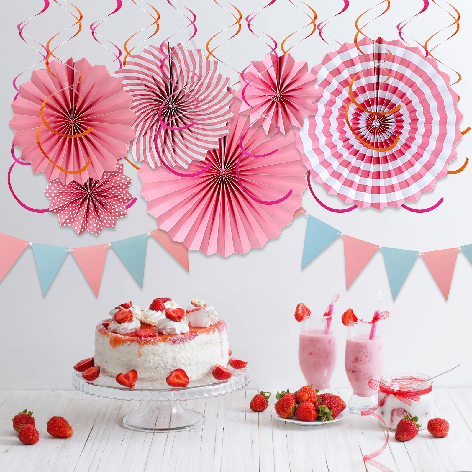 Set da 19 pezzi per decorazioni per soffitto per feste di compleanno Bandiere per striscioni triangolari Bandiere per gagliardetti appesi Swirls Stelle filanti Decorazioni per feste