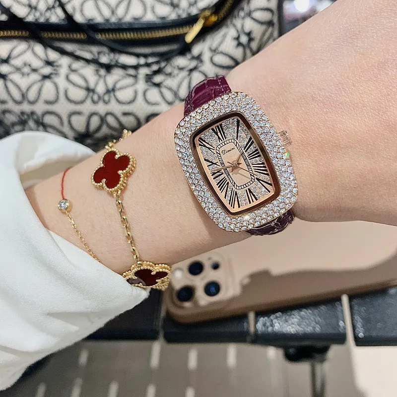 2023 Leather Rectangle Watch Women Quality Luxury Top Brand Women Watches Quartz Fashion Designer Ladies Watch With Rhinestone