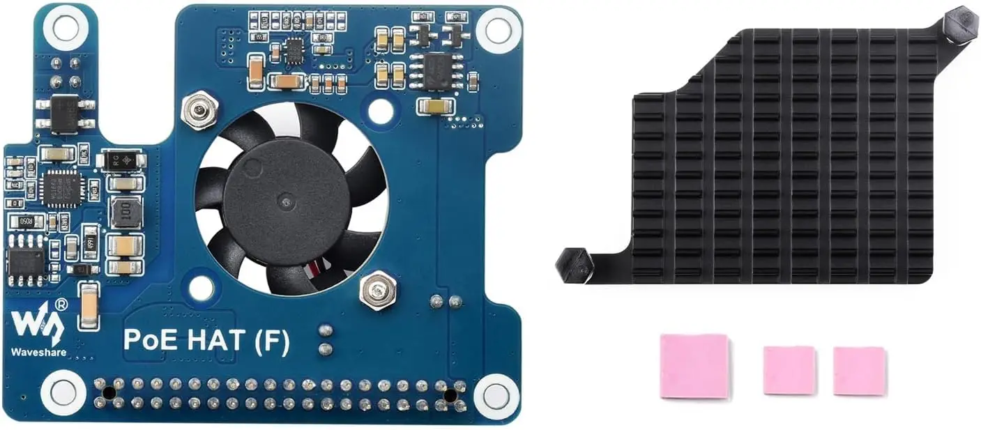 Waveshare PoE HAT (F) for Raspberry Pi 5, High Power Cooling Fan & Metal Heatsink, 802.3af/at Standard