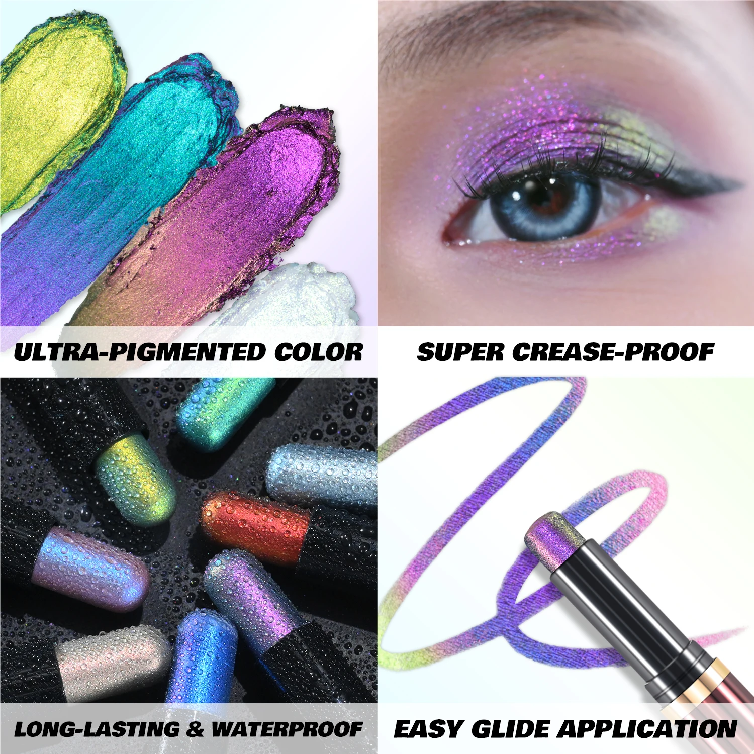 CHARMACY Multichrome Eyeshadow Stick z aplikatorem w kształcie gąbki, wodoodporny, długotrwały, brokatowy, profesjonalny makijaż oczu dla kobiet