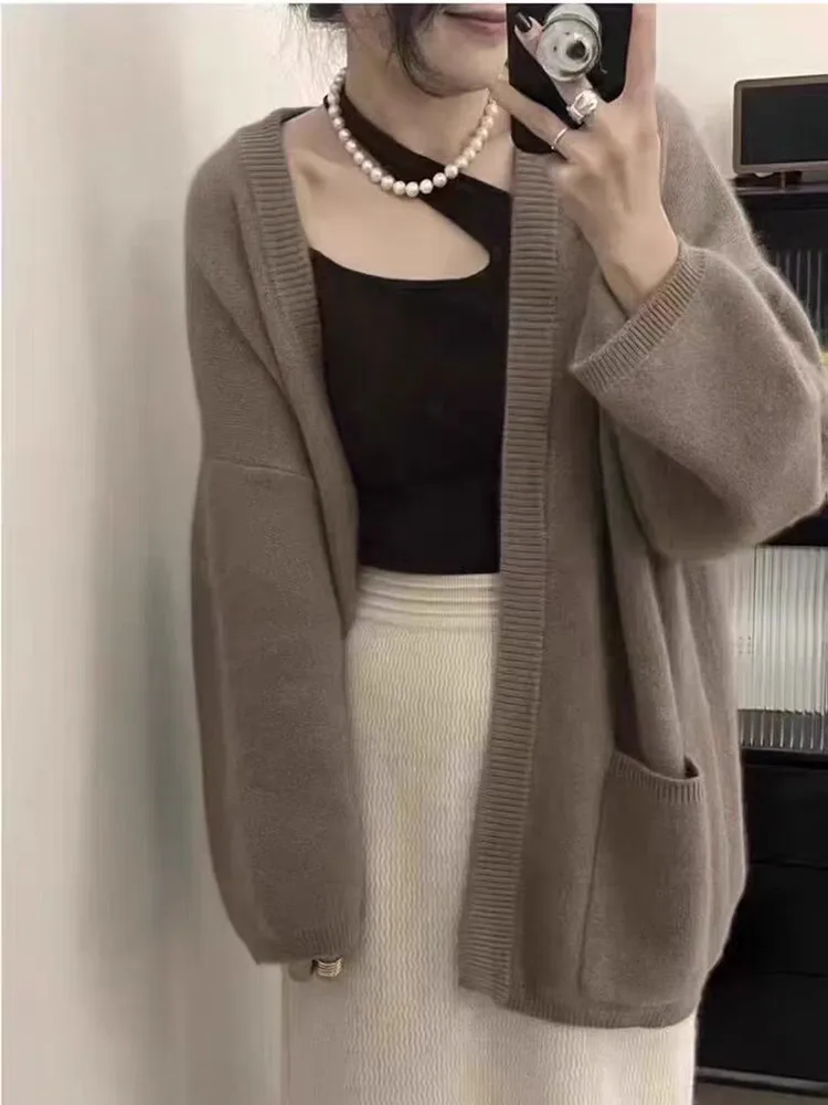 

Свободный кашемировый свитер большого размера, женское корейское пальто средней длины, 100% чистая шерсть, вязаный французский кардиган, 2025 осень/зима, новая куртка