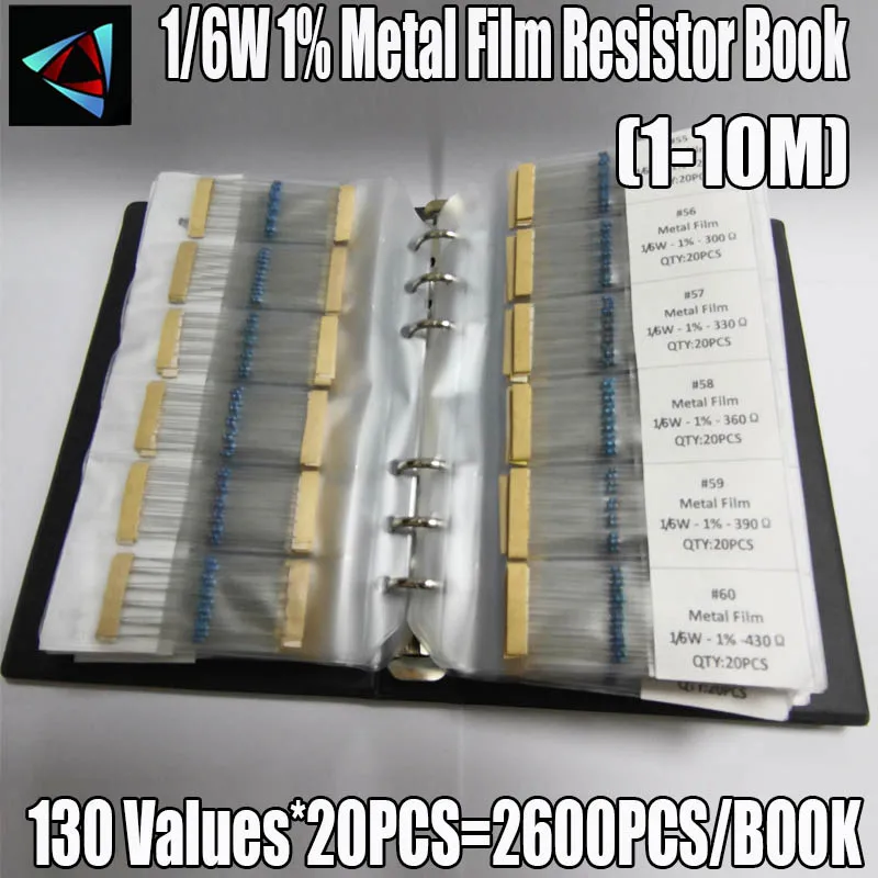 2600Pcs/lot 130 Values 1/6W 0.125W 1% 1-10M Metal Film Resistors Book Assorted Pack Kit Set Lot