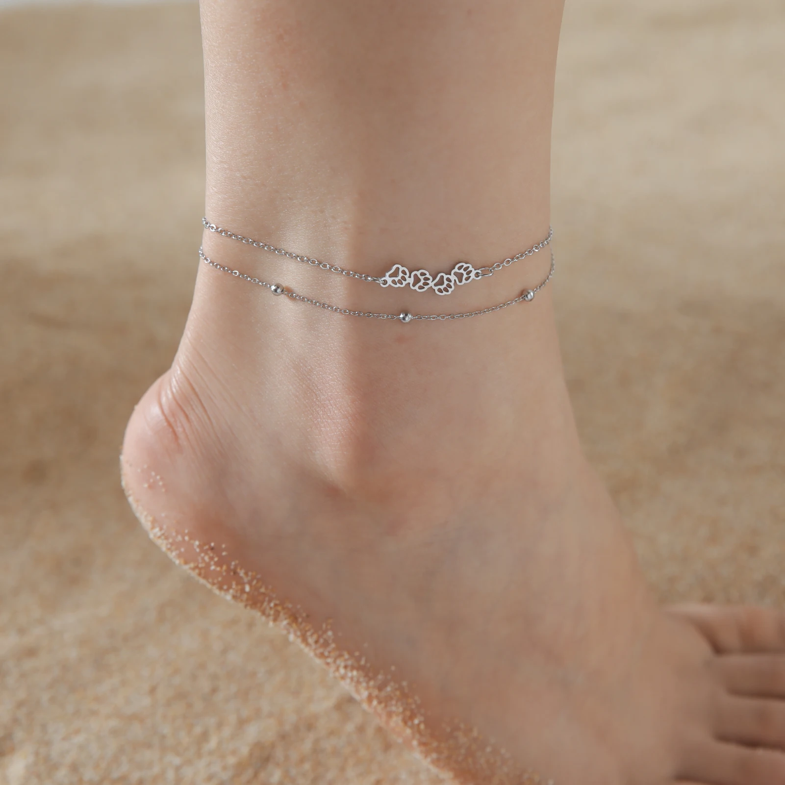 Skyrim Bear Cat Dog Paw Anklet Women Stainless Steel Double Layer Beads Chain Ankle Bracelet Animal Footprints Summer Accessory