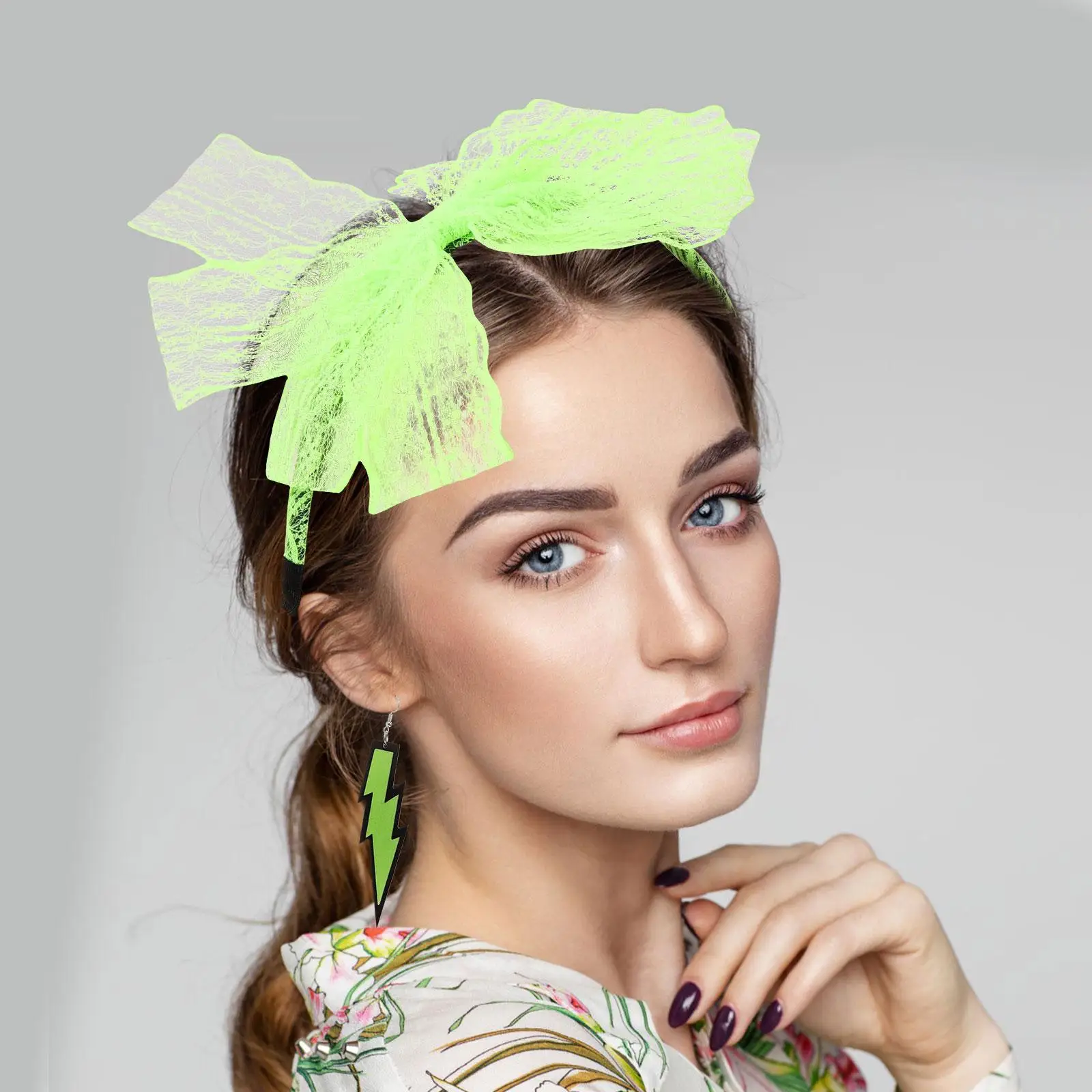 Kanten hoofdband Neon oorbellen Visnethandschoenen 80s Feestkostuums Lichten Groen Damesaccessoires Retrostijl Halloween Disco Gothic