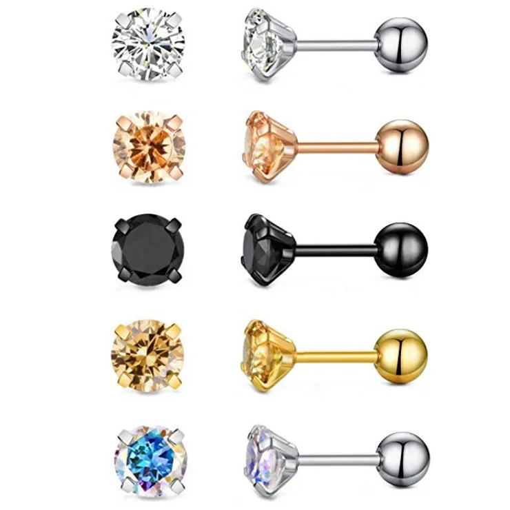 

5 pairs Stainless steel medical grade material. Fashionable titanium steel glittering four-pronged zirconia earrings for the ears. Suitable for both men and women. Low sensitivity, non-fading.