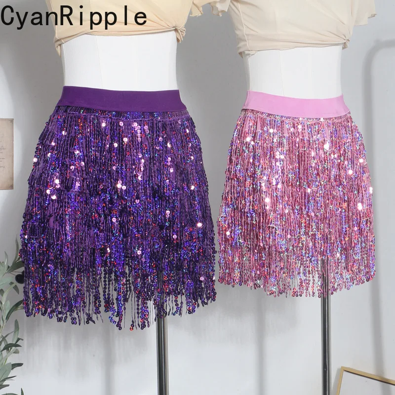 Blingbling Sexy Sequins Tassel A-line Short Skirt Spice Girls Elegant Elastic Waist Colorful Dance Performance Women Mini Skirts