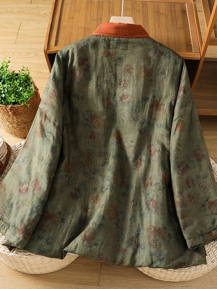 Retro Mint Green Gradient Print Linen Cotton Women's Winter Jacket Warm Cotton Clothes Collar Buttoned Top with Cotton Sandwich