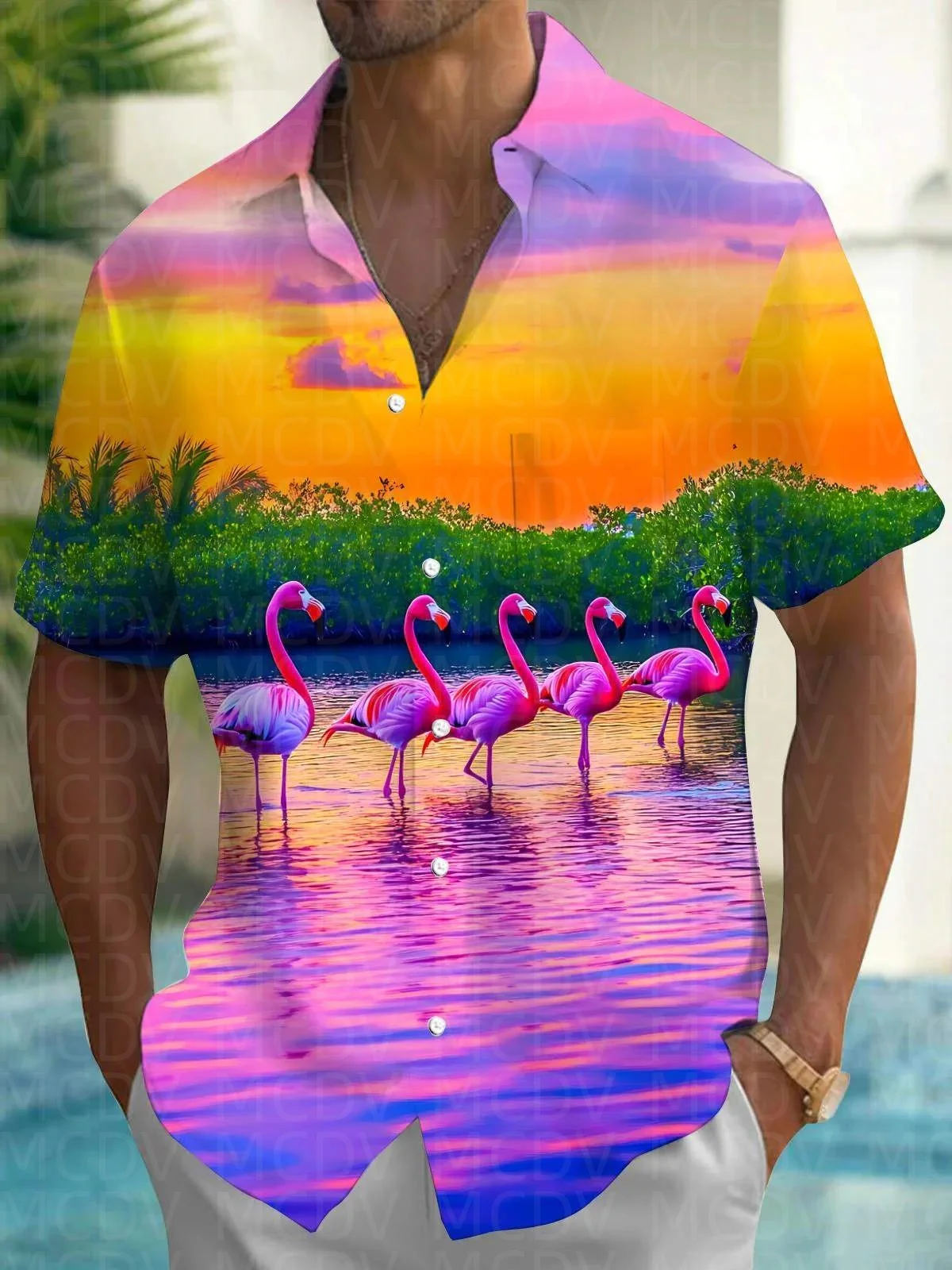 Seaside Scenery Pattern Men's Hawaiian Shirt Stretch Easy Care Camp Shirt Big Tall