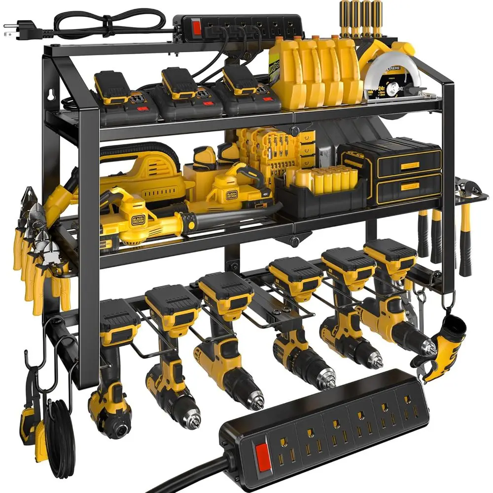 

3-х уровневый сверхмощный настенный органайзер для инструментов с 6 держателями для сверл для хранения и зарядки в гаражной мастерской