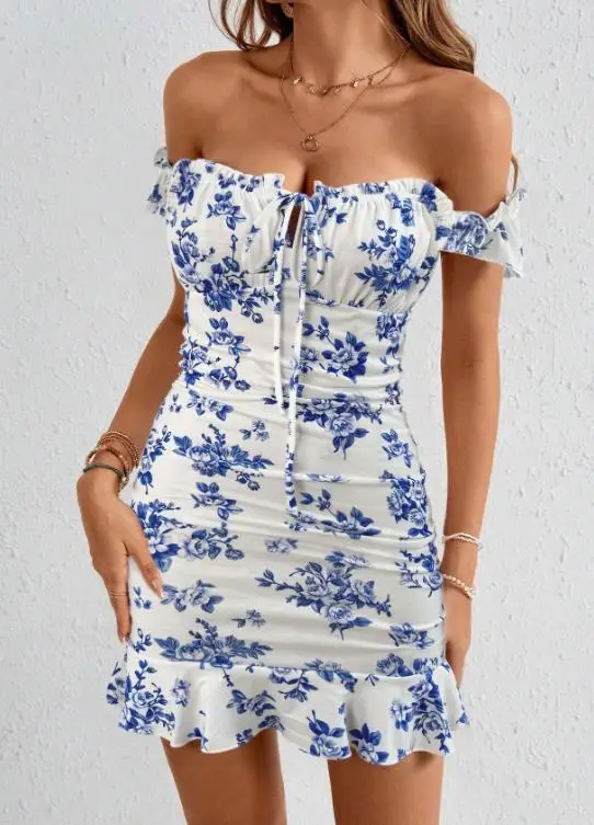 

2026 Women's Summer New Printed Blue Dress, Flying Sleeve Ruffle Tight Skirt