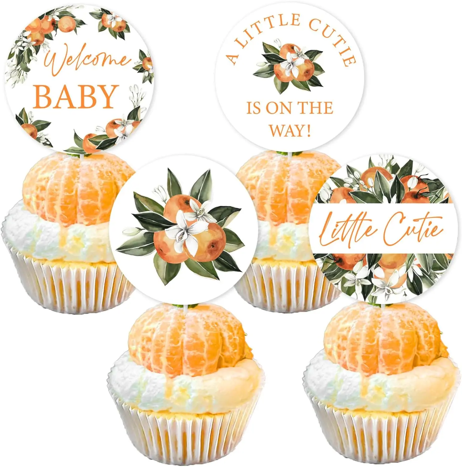 Little Cutie Cupcake Toppers, Welcome Baby Shower Decor, A Little Cutie is on the Way, Citrus Theme, Clementine Party Supplies