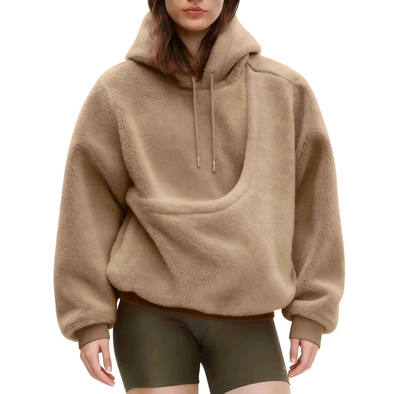 Women Solid Hooded Fleece Oversized Pullover Sweatshirt With Pet Pocket Autumn Winter Casual Top Ladies Cozy