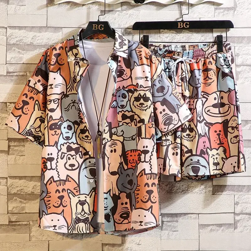 

Пляжные мужские комплекты Hawaii Ice Silk Стильный стандартный крой Оригинальные бренды Комплект из 2 предметов Тонкие модные рубашки 2025 Шорты Костюмы для мужчин
