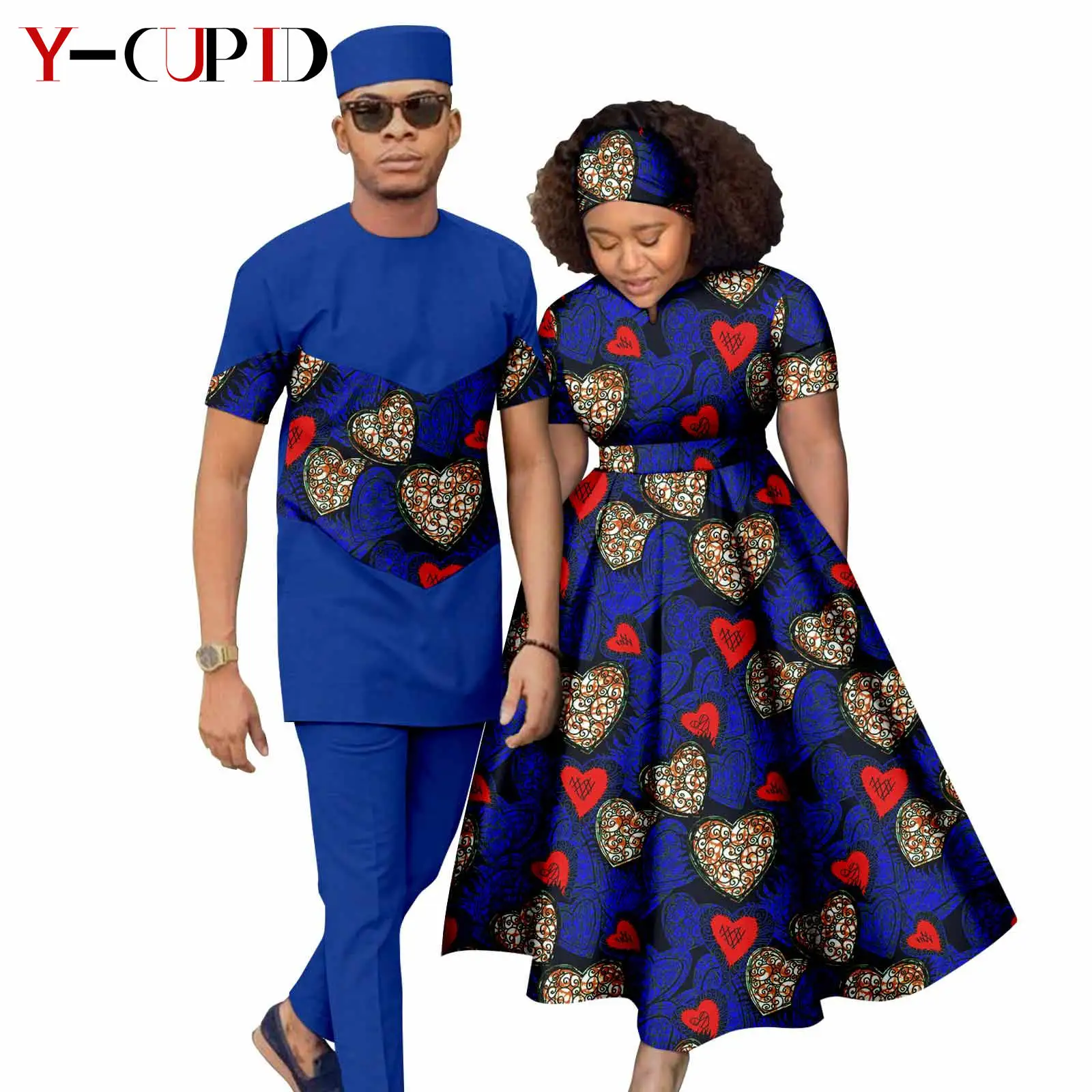 African Print Long Dresses for Women Matching Men Outfits Cap Patchwork Top and Pant Sets Dashiki Couple Clothes Kaftan Y23C052