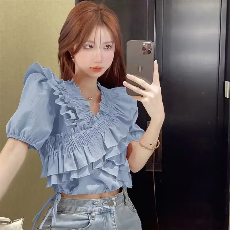 Summer Fashion Ruffles Solid Short Sleeve Blouses Women's New Elegant Slim V-neck Thin Elastic Tops
