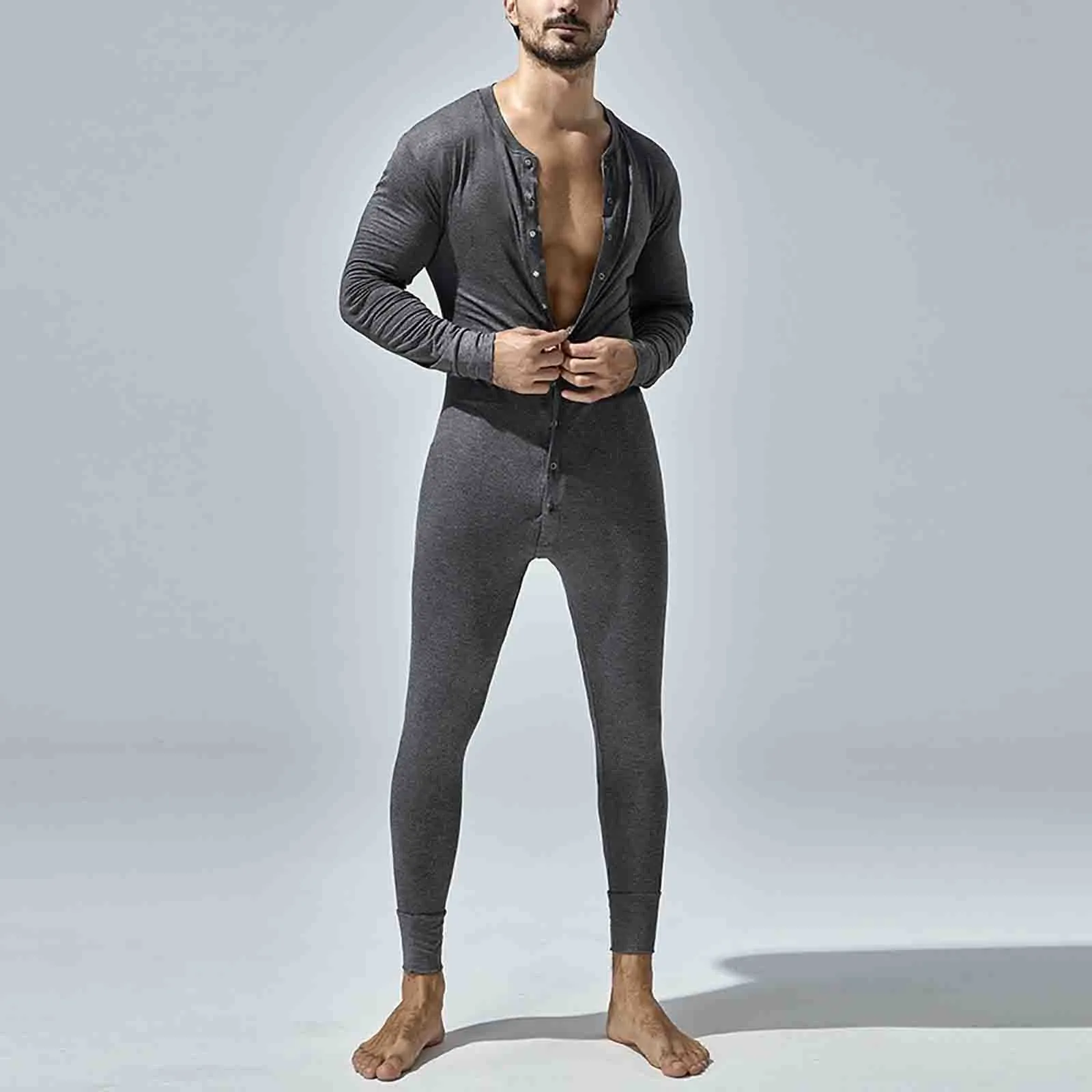 Single Breasted Men Onesie Spring Autumn Tight Jumpsuit Pajamas Long Sleeve Solid Color Button Slim Fit Bodysuit Nightwear