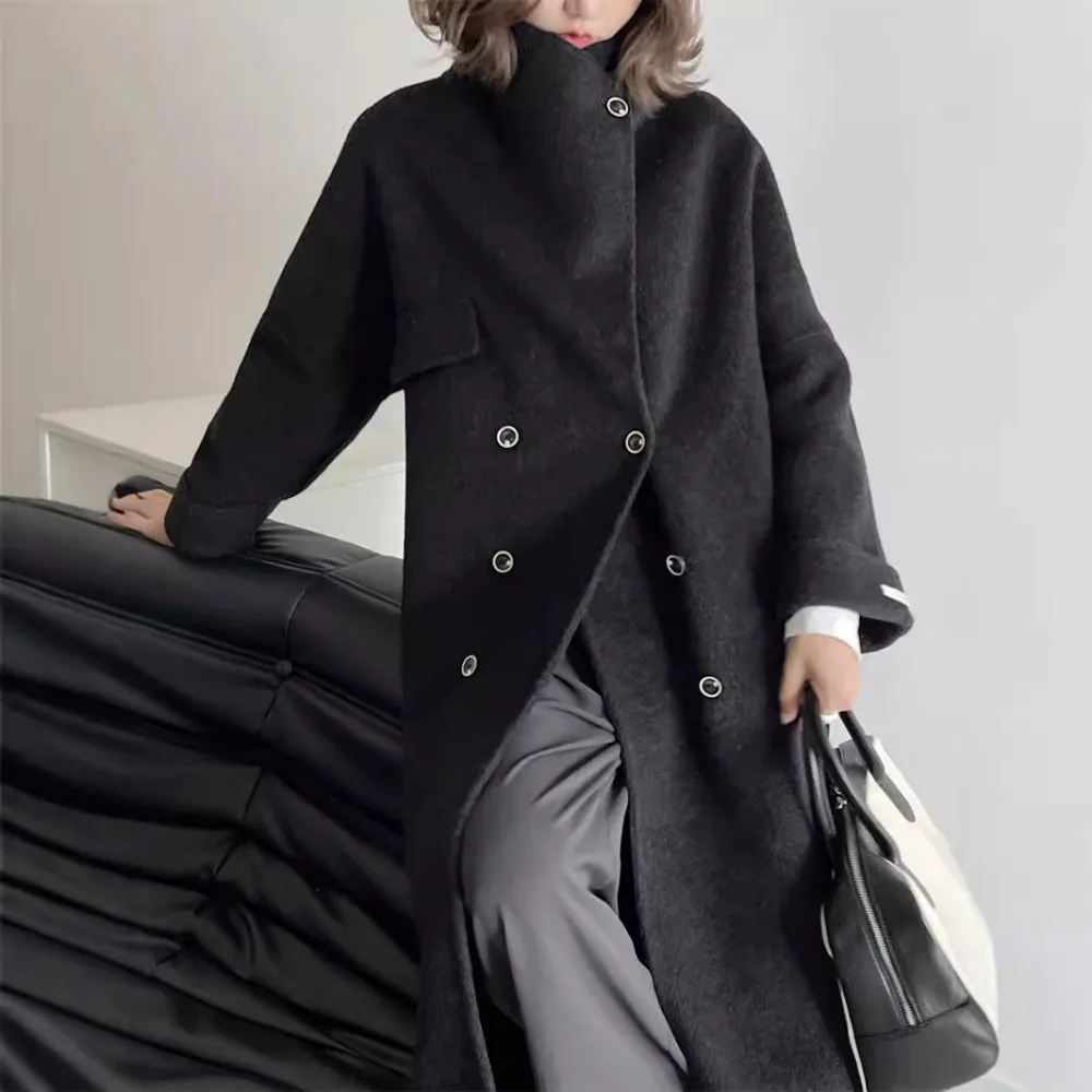 TWOTWINSTYLE Solid Spliced Button Loose Wool Coats for Women Stand Neck Long Sleeve Temperament Casual Coat Female