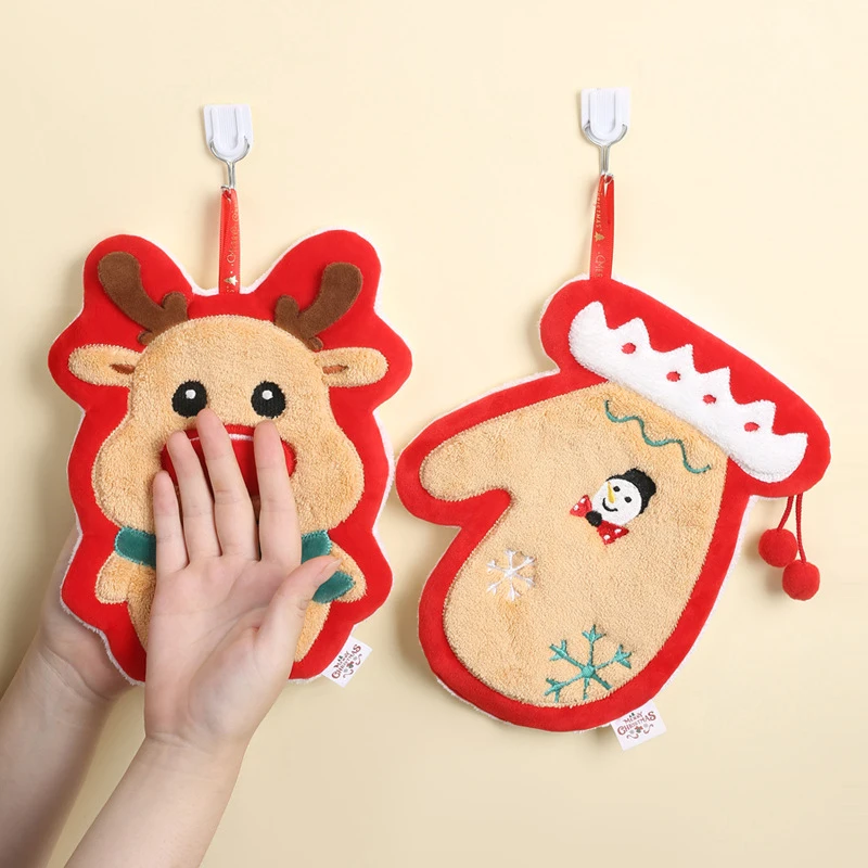 Christmas Wipe Hands Towel Hanging Water Absorbent Coral Velvet Cartoon Xmas Tree Gloves Bells Elk Kitchen Bathroom Towel