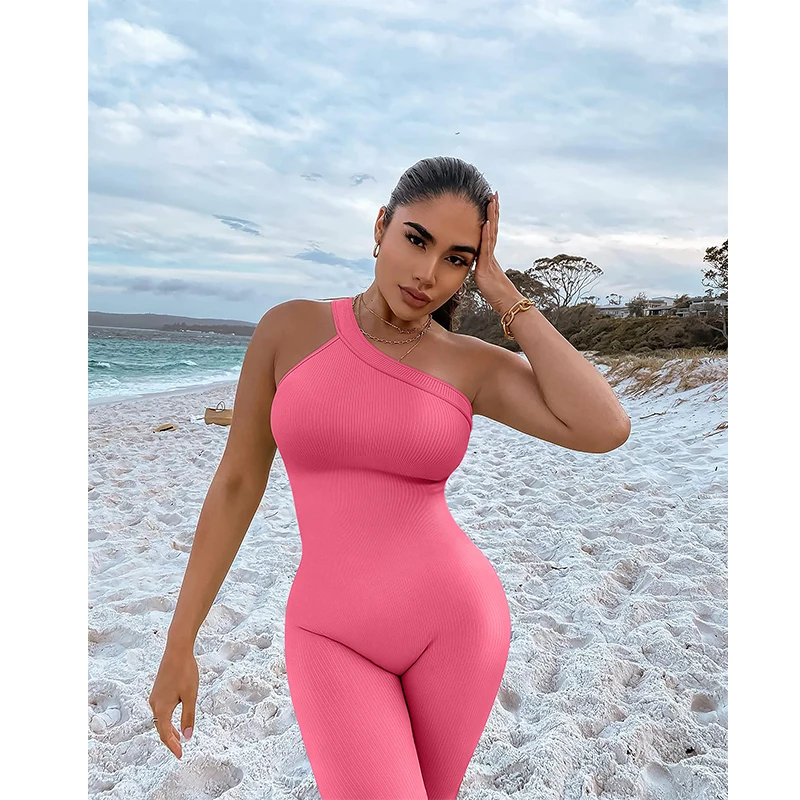 Women Sleeveless One Shoulder Single Strap Women Workout Yoga Ribbed Jumpsuit Sleeveless Romper Solid Color Sport Jumpsuit