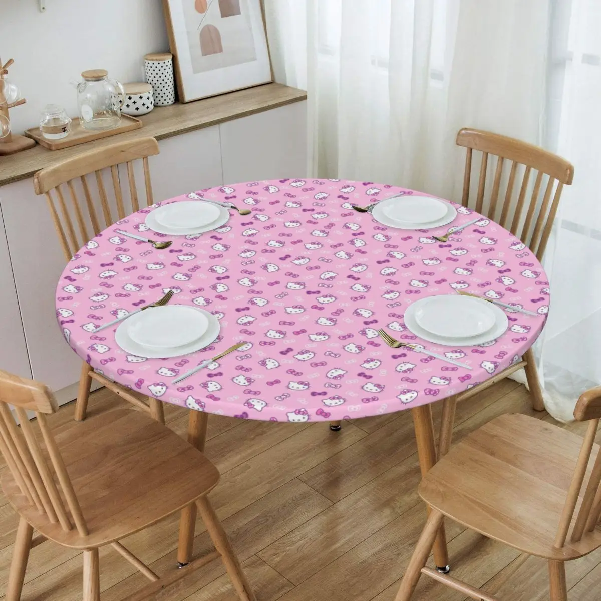 

Customized Round Hello Kitty Pattern Tablecloth Fit 45"-50" Elastic Edge Table Cloth Sanrio Table Cover