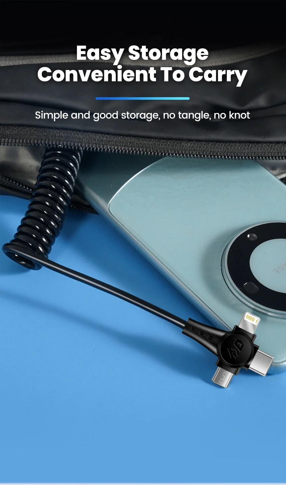 120W 3-in-1 Mobile phone fast charging data cable For iPhone Huawei Xiaomi Super fast charging spring retractable data cable
