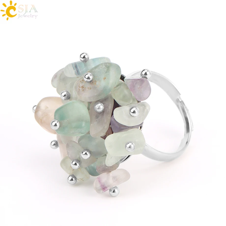 CSJA Natural Stone Ring for Women Reiki Pink Fluorite Quartz Chip Bead Handmade Flower Finger Rings Jewelry H321