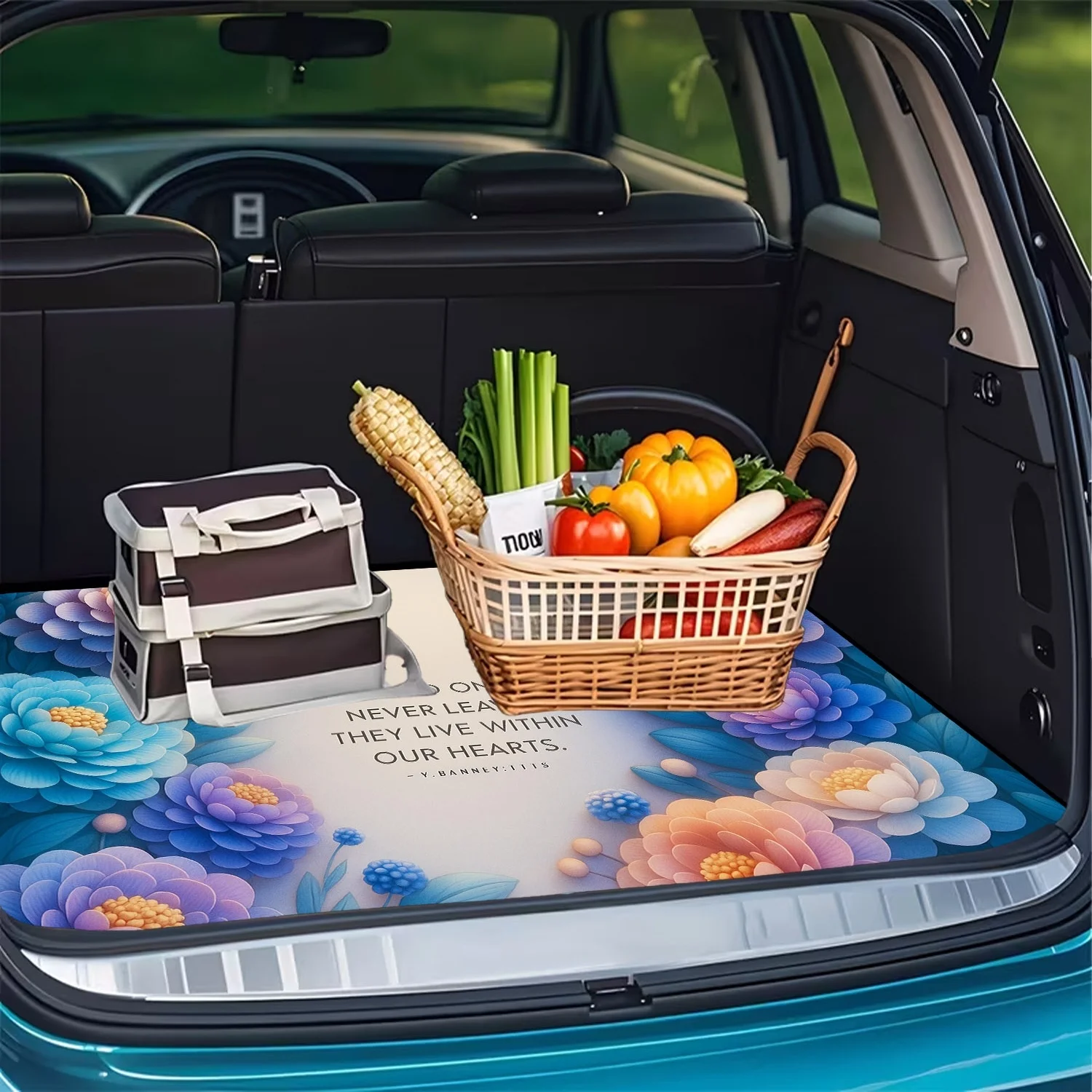A 1pc Trunk Mat With A Love And Flower Design Made Of Polyester Fiber, Pet-Friendly, Reduces Odors In The Car, Keeps Your Vehicl