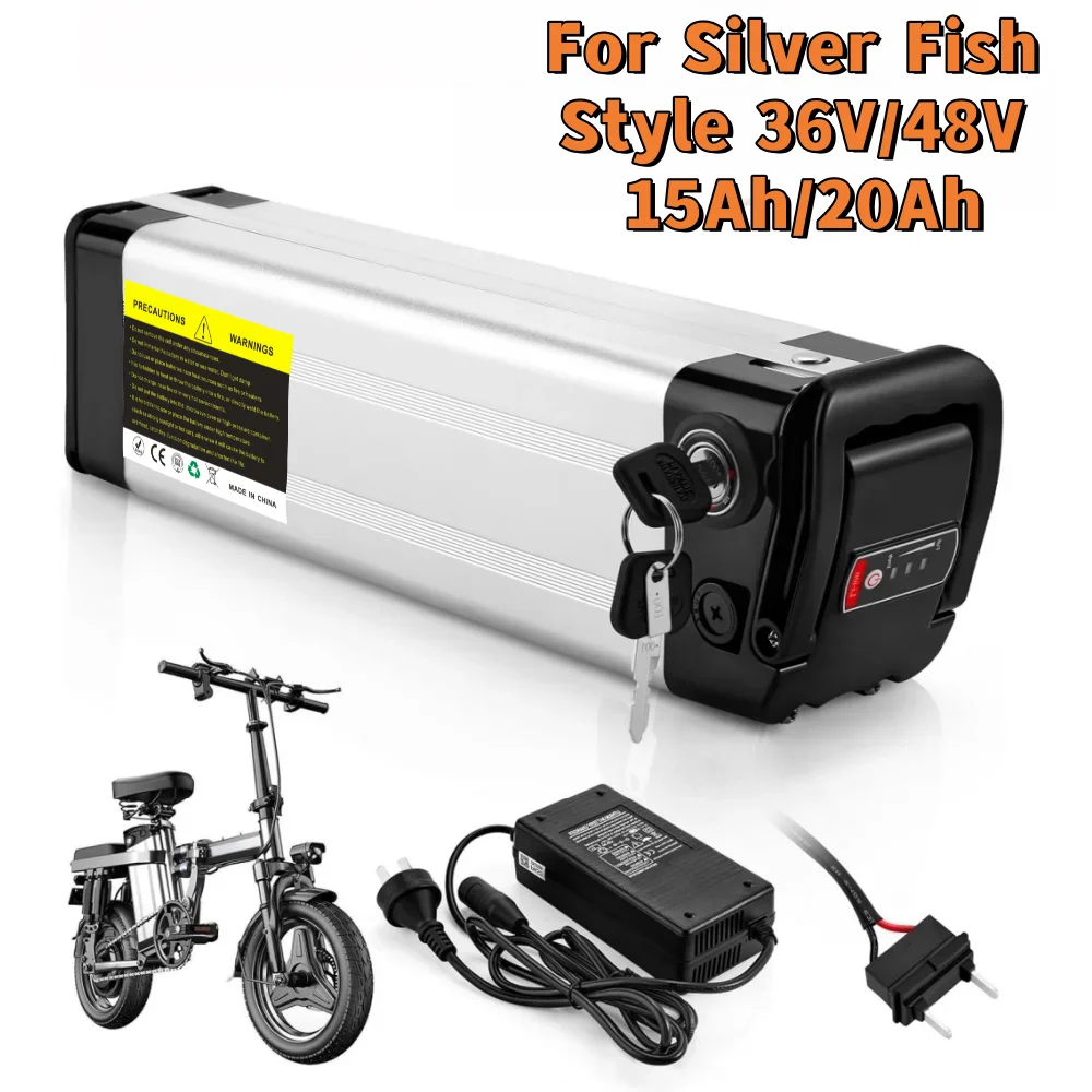 Silver Fish Style 36V/48V 15Ah/20Ah Li-ion Battery Pack Replacement for 750W 1000W  Bicycle Scooter with Charger
