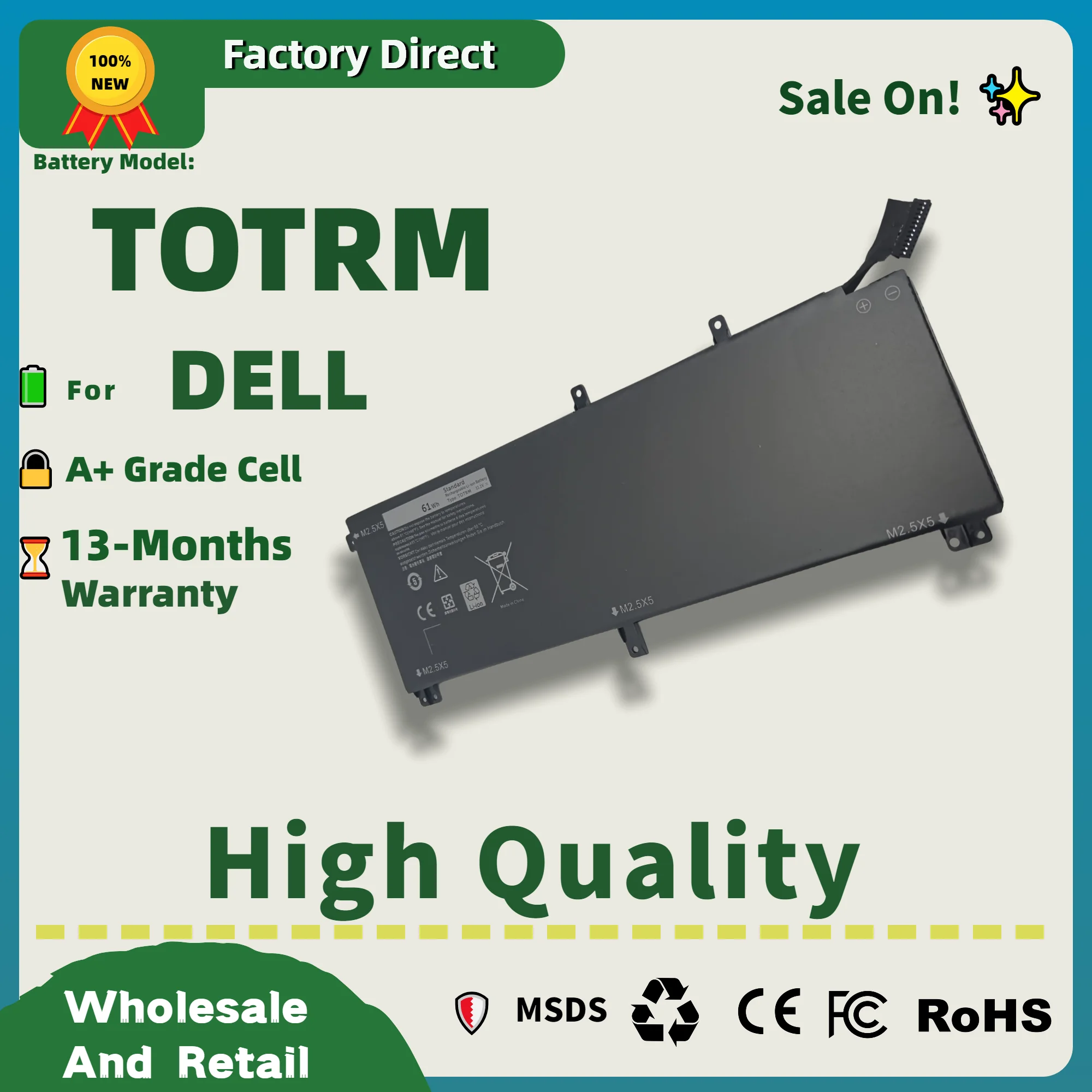Factory Direct!  TOTRM T0TRM Laptop Battery for For Dell XPS 15 9530 Precision M3800 H76MV 7D1WJ 11.1V 61WH