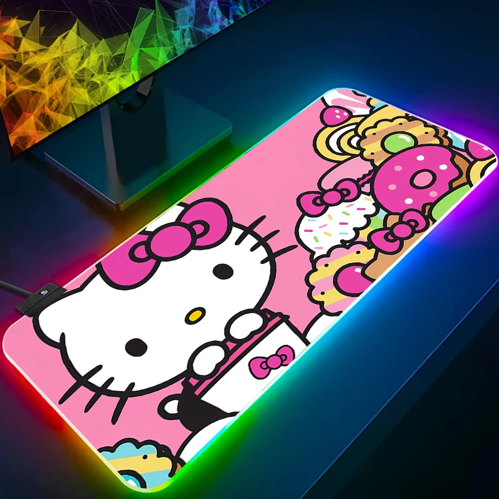 Sanrio Cartoon Cute Hello Kitty RGB Pc Gamer Keyboard Mouse Pad Mousepad LED Glowing Mouse Mats Rubber Gaming Computer Mausepad