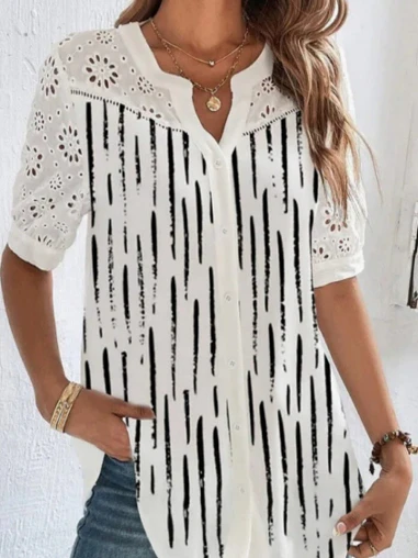 

New Women's ort Sve irt with Lapel Button-Up Design V-Ne Loose Fit Polyester Fiber Summer Casual Faion