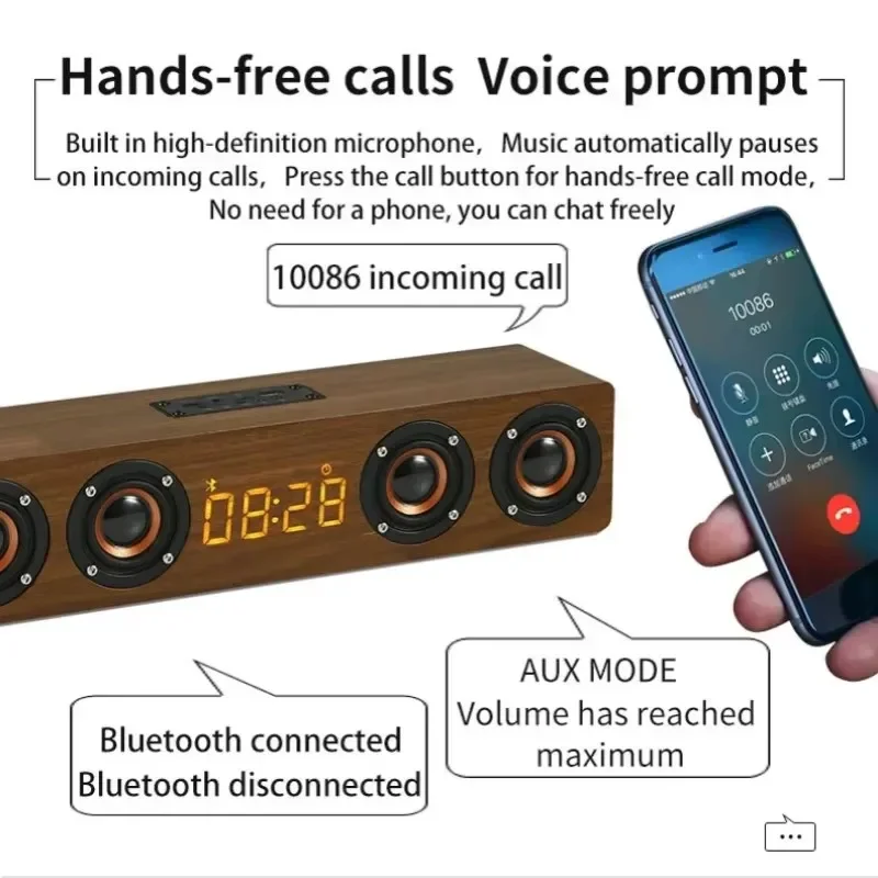 W8C Retro Soundbar in legno Altoparlanti Bluetooth senza fili Trombe per computer da tavolo Suono portatile per musica surround stereo per bassi pesanti