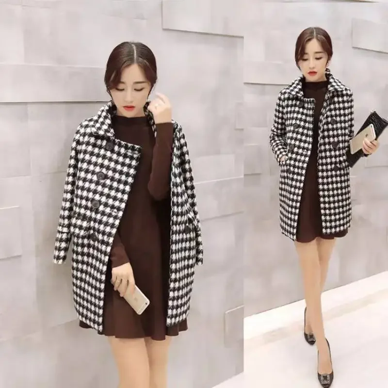 autumn new double-breasted medium and long black and white thousand birds plaid coat Korean version fashion woolen coat