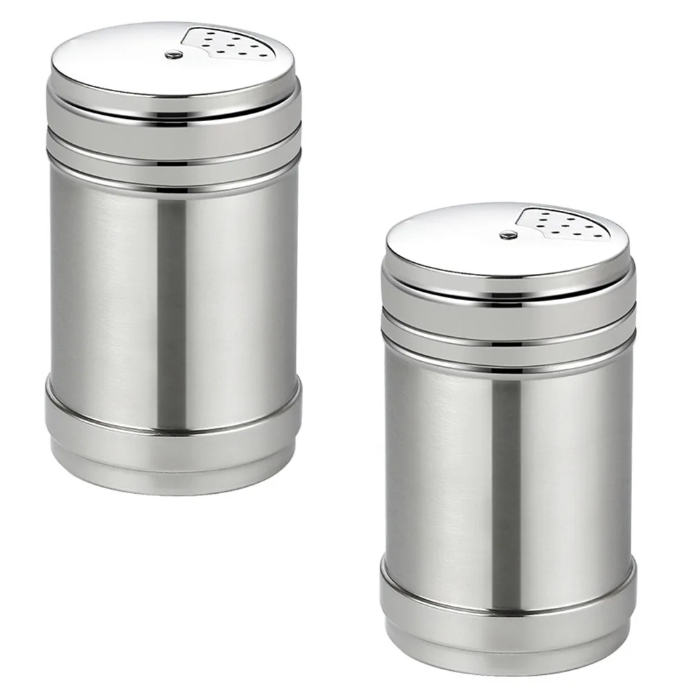 2Pcs Round Salt Pots Revolving Cover Seasoning Bottles Practical Stainless Steel Elegant Design Home Restaurant