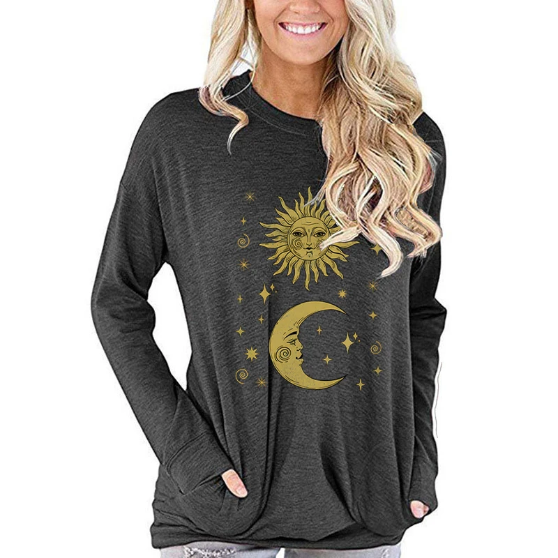 Vintage Moon and Sun Graphic T Shirts Trendy Premium Women's Long Sleeve Tops Mystic Moon and Sun Graphic Long-sleeved T-shirt