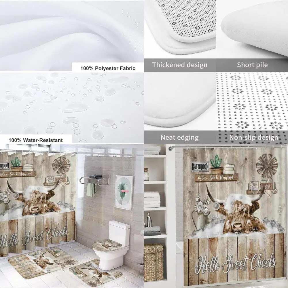 

Farmhouse Highland Cow Shower Curtain Set with Non-Slip Mat and Toilet Rug, Waterproof Fabric, 72x72 for Country Bathroom Decor